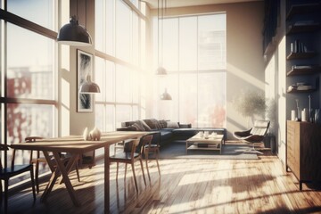 Interior of modern living room with white walls, wooden floor, panoramic window with city view and brown sofa. Generative Ai