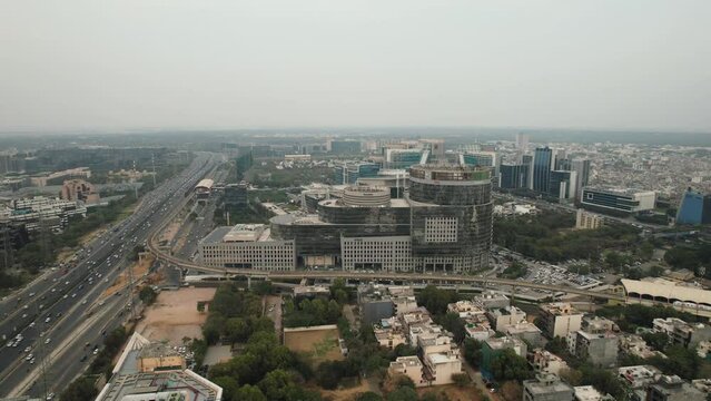 Aerial Drone Footage of Buildings Exteriors at Dlf Cyberhub Cybercity Gurgaon Gurugram Delhi India rapid metro station