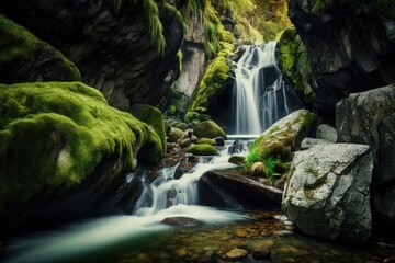 Beautiful waterfall in the forest with green moss and rocks, long exposure. 3d rendering. Ai Generated.