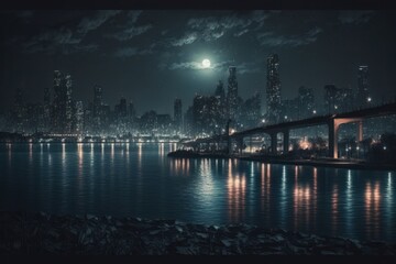 Night cityscape with bridge and skyscrapers over the water.