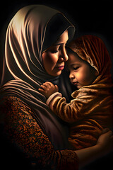 Malay woman wearing hijab comforting her crying child using generative art