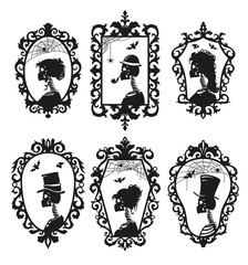 Skeleton portrait silhouette vintage antique frame black monochrome set vector flat