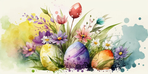 Obraz na płótnie Canvas Colorful Watercolor Easter Background with Colorful Flowers – Professional