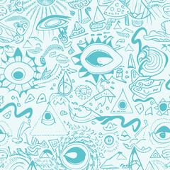 Obraz na płótnie Canvas Abstract groovy elements in trendy psychedelic style seamless vector pattern. 70s, 80s, 90s vibes background