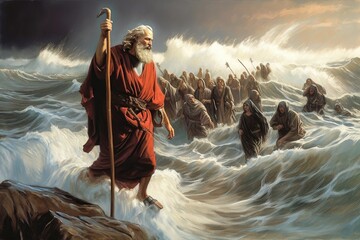 Painting of Moses in the crossing of the red sea the turning away from the waters Generative AI Illustration - obrazy, fototapety, plakaty