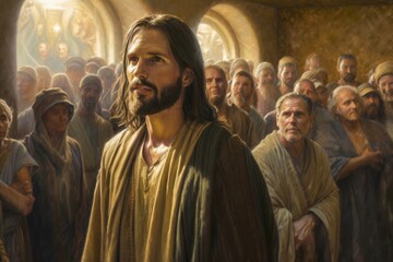 Naklejka premium Painting of Jesus together with the disciples and the crowd in prayer to the Father Generative AI Illustration