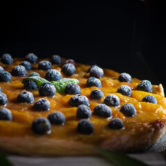 Fruit tart with blueberries, rhubarb, and nectarines.