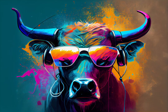 Pop Art Bull with Headphones and Sunglasses: A Colorful and Unique modern Art Digital Artwork	
