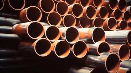 Steel Pipes bunch in the steel factory. Generative AI