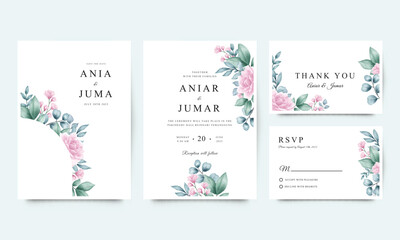 Wedding invitation set template with beautiful rose and green leaves