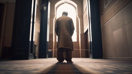 Back of unrecognizable Muslim man praying in the mosque. Generative AI