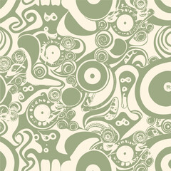 Abstract groovy elements in trendy psychedelic style seamless vector pattern. 70s, 80s, 90s vibes background