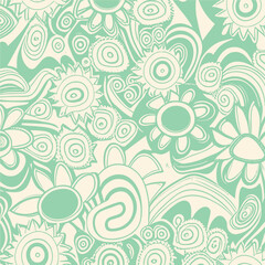 Abstract groovy elements in trendy psychedelic style seamless vector pattern. 70s, 80s, 90s vibes background