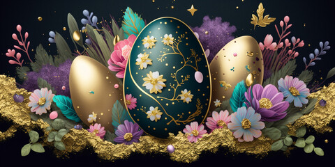 Obraz na płótnie Canvas Easter Egg Hunt Background with Golden Glitter and Flowers – Professional