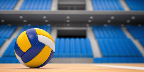 Volleyball ball and net in voleyball arena during a match. - 583115409