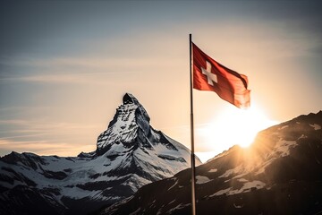 Swiss flag and the epic matterhorn in the sunset, swiss alps, swiss mountains, Generative AI