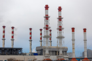 Industrial landscape with pipes of thermal power plant.
