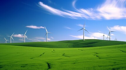 Fototapeta na wymiar Wind turbines running on the green field. Generative AI