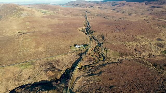 Aerial view of the Burtonport Railway Walk Trailhead at FIddlers Bridge by Falcarragh in County Donegal, Republic of Ireland