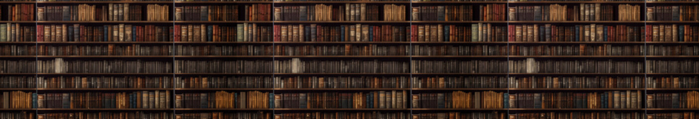 Bookshelf pattern, old books aligned, background banner for library and bookshop. Generative AI