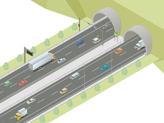アイソメトリック図法で描いた日本の高速道路のトンネル出入口イメージB / Isometric illustration : Japanese expressway tunnel - obrazy, fototapety, plakaty