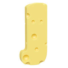 Cheese font J letter. Uppercase letter J. 3D render isolated on clean white background.