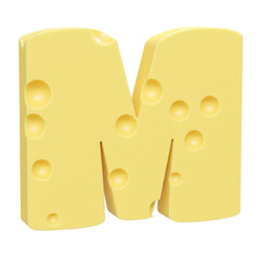 Cheese font M letter. Uppercase letter M. 3D render isolated on clean white background.