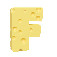 Cheese font F letter. Uppercase letter F. 3D render isolated on clean white background.