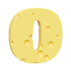 Cheese font O letter. Uppercase letter O. 3D render isolated on clean white background.