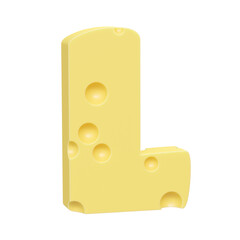 Cheese font L letter. Uppercase letter L. 3D render isolated on clean white background.