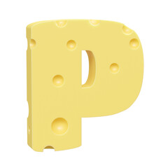 Cheese font P letter. Uppercase letter P. 3D render isolated on clean white background.