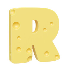Cheese font R letter. Uppercase letter R. 3D render isolated on clean white background.
