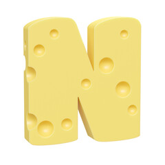 Cheese font N letter. Uppercase letter N. 3D render isolated on clean white background.