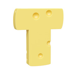 Cheese font T letter. Uppercase letter T. 3D render isolated on clean white background.