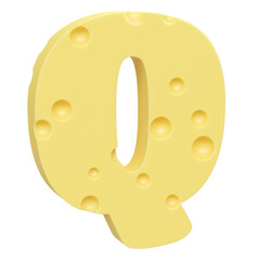 Cheese font Q letter. Uppercase letter Q. 3D render isolated on clean white background.