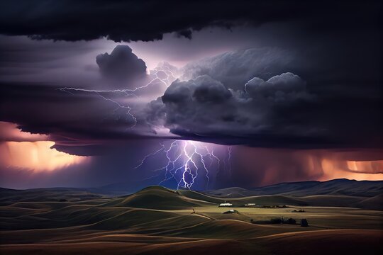 dramatic lightning storm over rolling hills, with dramatic clouds and sky, created with generative ai