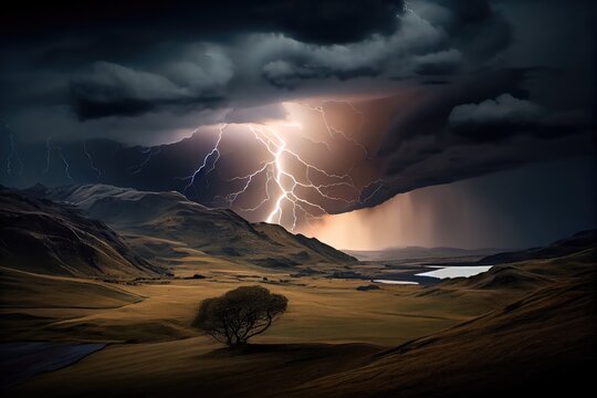 dramatic lightning storm over rolling hills, with dramatic clouds and sky, created with generative ai