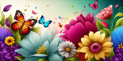 Fototapeta na wymiar Floral Fantasy: Spring Background Aesthetic with Colorful Flowers and Butterflies