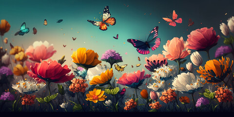 Fototapeta na wymiar Flower Fields: Spring Background Aesthetic with Colorful Blooms and Fluttering Butterflies