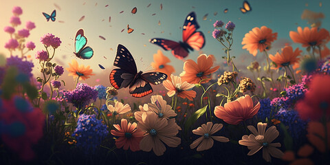 Flower Fields: Spring Background Aesthetic with Colorful Blooms and Fluttering Butterflies