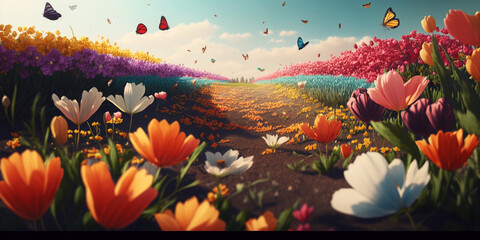 Flower Fields: Spring Background Aesthetic with Colorful Blooms and Fluttering Butterflies