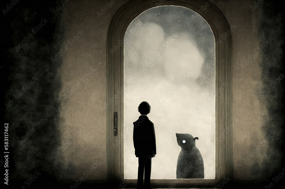 Poster surreal and bizarre painting of a child and a strange being. fictional digital illustration. created
