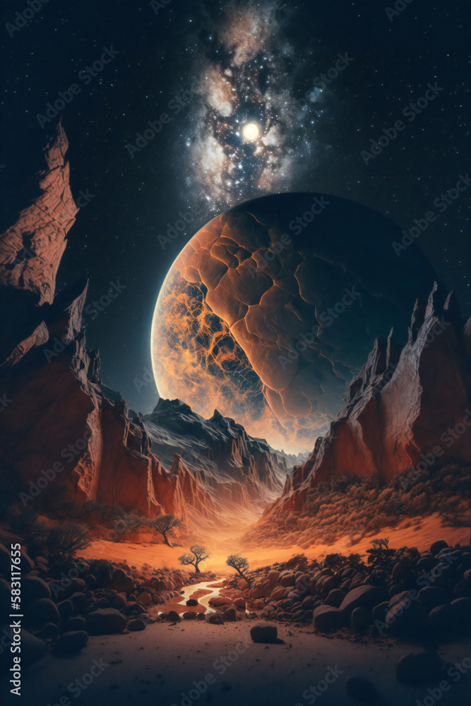 Poster big moon rising over a rock desert planet. created with generative ai technology.