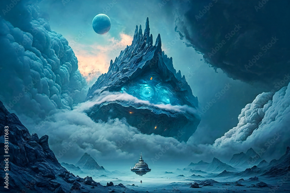 Poster giant alien space ship surrounded by clouds. created with generative ai technology.
