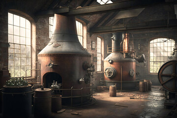 Vintage brewery interior. Created with Generative AI technology.