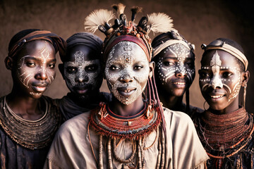 A group of smiling young ethnic African people wearing traditional cloth, with colorful tribal paint on their faces. Created with Generative AI technology.
