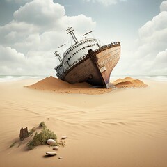 Ship sinking in the beach, boat accident concept, Generative Ai - obrazy, fototapety, plakaty