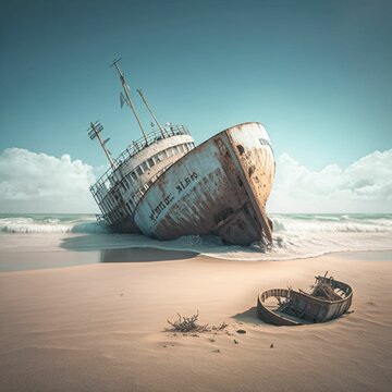 Ship sinking in the beach, boat accident concept, Generative Ai