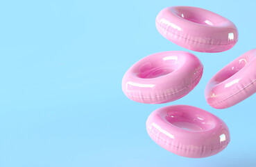 Pink inflatable circle banner template with copy space for text. Summer time concept. Beach accessories isolated on blue background. Summer wallpaper. 3d render illustration.