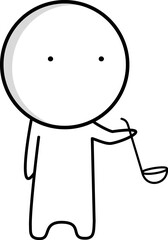 A boy with a kitchen ladle in his hand stands in the kitchen
